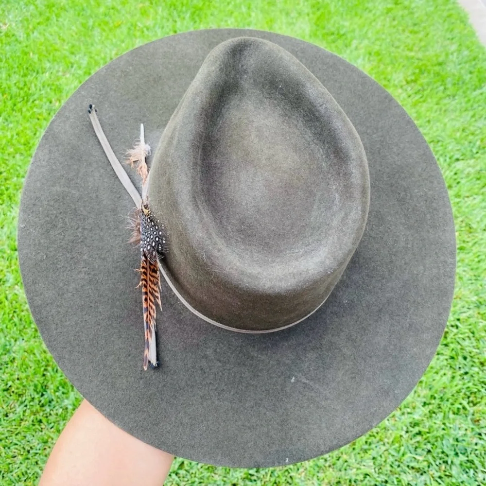Authentic Custom Stetson Rabbit Felt Fur Green Sage Western Flat Brim Hat - Picture 8 of 11